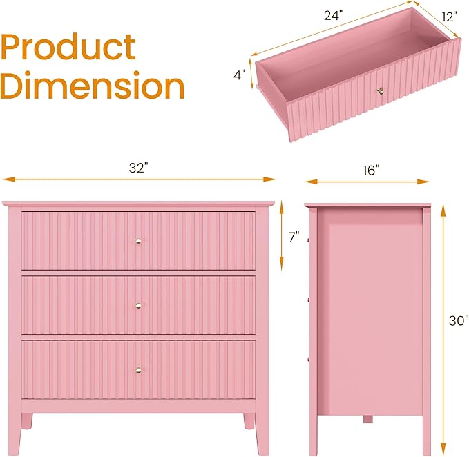 Large Pink 3 Drawer Dresser, Painted 30 Inch Tall Wood Nightstand with Storage, Wide Modern Chest of Drawers with Ball Bearing Slide for Bedroom Hallway Living Room Entryway Office