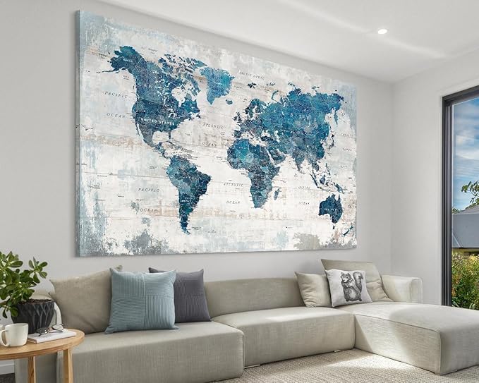 Wall Art Living Room Office Pictures Large World Map Wall Decor Oversized Decor for Women Framed Blue Artwork Rustic Framhouse House Decorations