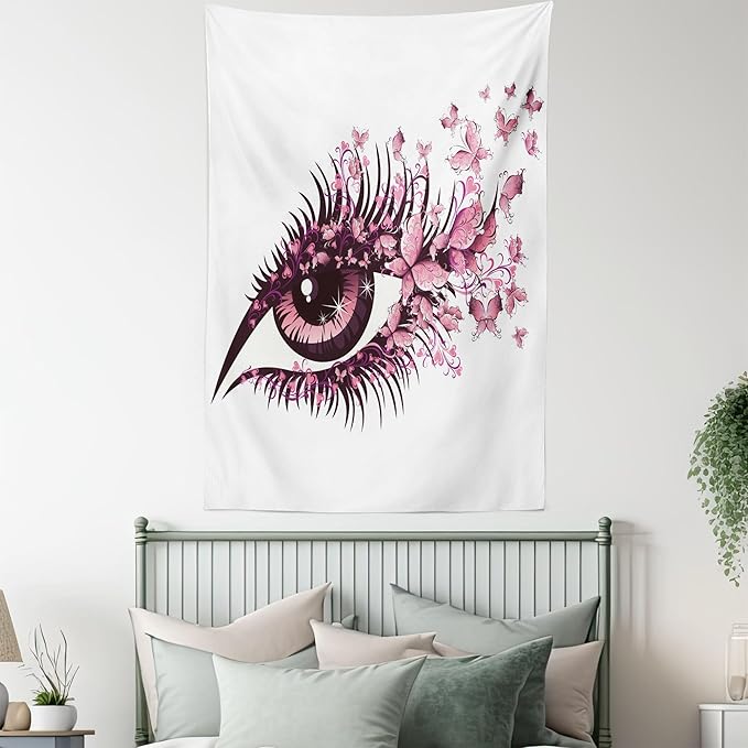 Ambesonne Butterflies Tapestry Queen Size, Female Eye Eyelashes Mascara Stare Party Makeup Animal Print, Wall Hanging Bedspread Bed Cover Wall Decor, 88" X 88", Pale Pink Purple