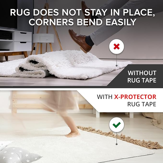 X-Protector Rug Tape - 16 Pcs Set - White Anti-Slip & Anti-Curling Carpet Tape for Hard Floors - Premium Rug Pad Gripper - Carpet Corner Grippers to Keep Your Carpet in Place & Make Corners Flat