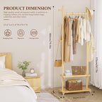 Coat Rack Freestanding Clothing Rack with Wheels & 2 Shelves Storage & 5 Hooks Heavy Duty Clothes Rack Wood Coat Tree Stand Hat Hanger Rack for Corner Bedroom Entryway Living Room Hotel Size L