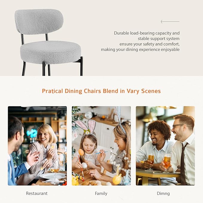 Dining Chairs Set of 2, Mid Century Modern Boucle Upholstered Kitchen Chair with Curved Backrest & Metal Legs for Home/Living Room/Bedroom/Office-Grey