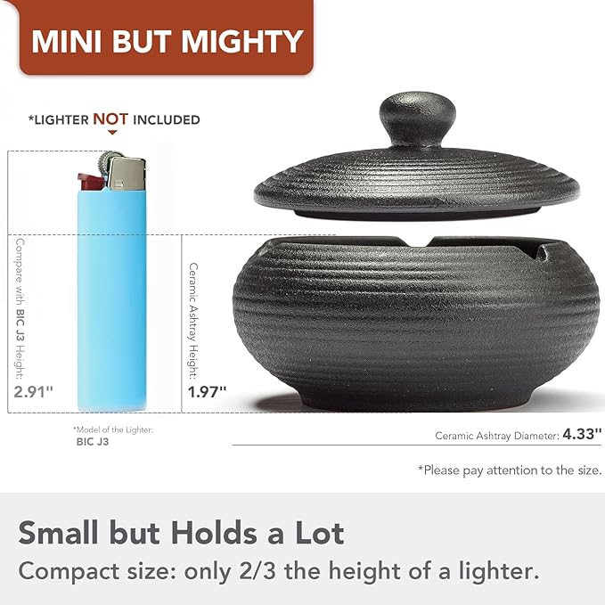 Ashtray with Lid for Outside Patio, Windproof Ash tray, Ceramic Smokeless Ashtray for Outdoor Home Office Tabletop Patio Outdoor Balcony, Black