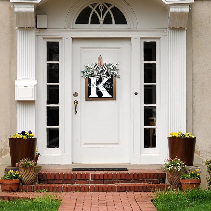 Ultra Large 14'' Last Name All Year Round Front Door Wreath with 26 Initial Letter Welcome Sign All Seasons Eucalyptus Garland and Bow Wreaths for Front Door Porch Farmhouse Decoration (K)