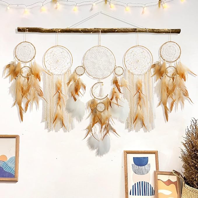 Dream Catcher Boho Macrame Wall Art - 31" Large Feather Dreamcatchers for Bedroom Moon Wall Decor by Native American for Women, Teen Girls