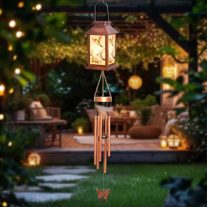 Single Palace Lantern, Wind Chime Hummingbird, Decorative Mobiles Gifts, Solar Hummingbird Wind Chimes, Gifts for Mom, Women, Grandma, Garden Courtyard Lawn Decor, Gift for Christmas and New Year