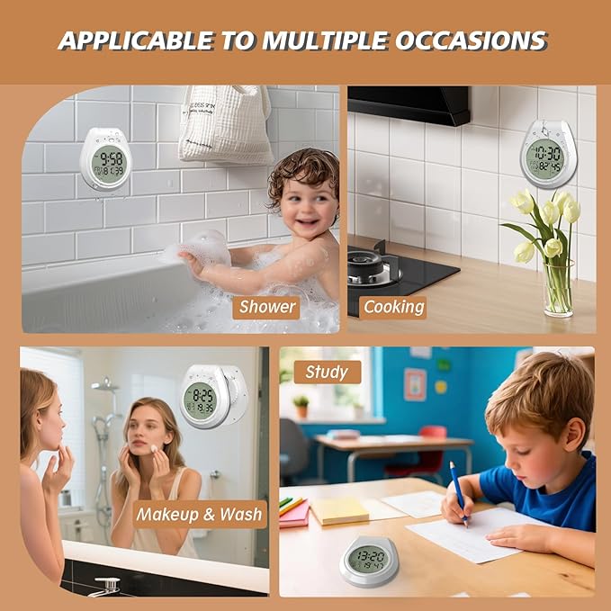 Shower Timer Clock Waterproof, Digital Bathroom Kitchen Wall Clock with LCD Display, 12/24 Hour Format, Temperature, Countdown Timer, Suction Cup, Hanging Hole