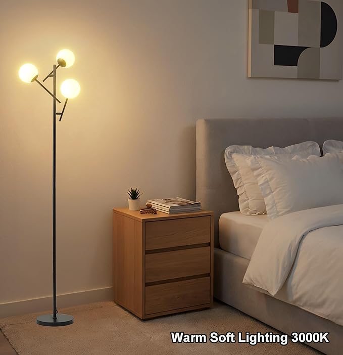 Fiqevs Globe Floor Lamp with 3 Adjustable Glass Ball Lampshade, Black Mid Modern Standing Lamp Bulbs Included, Sputnik Tree Tall Pole Lamp for Living Room, Bedroom