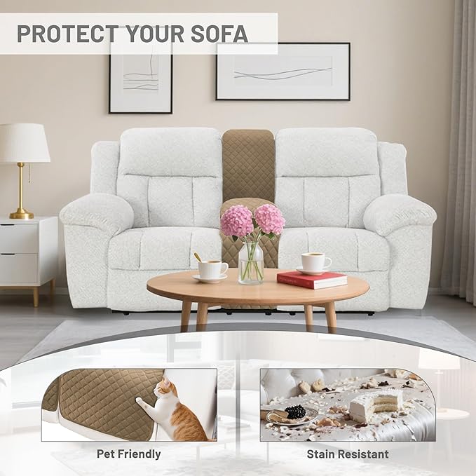 Reclining Sectional Couch Covers Velvet L Shape Recliner Sofa Middle Console Cover for Dogs Pets Washable Anti Slip 1 Additional Recliner Center Console Slipcovers (1 Console, Camel)