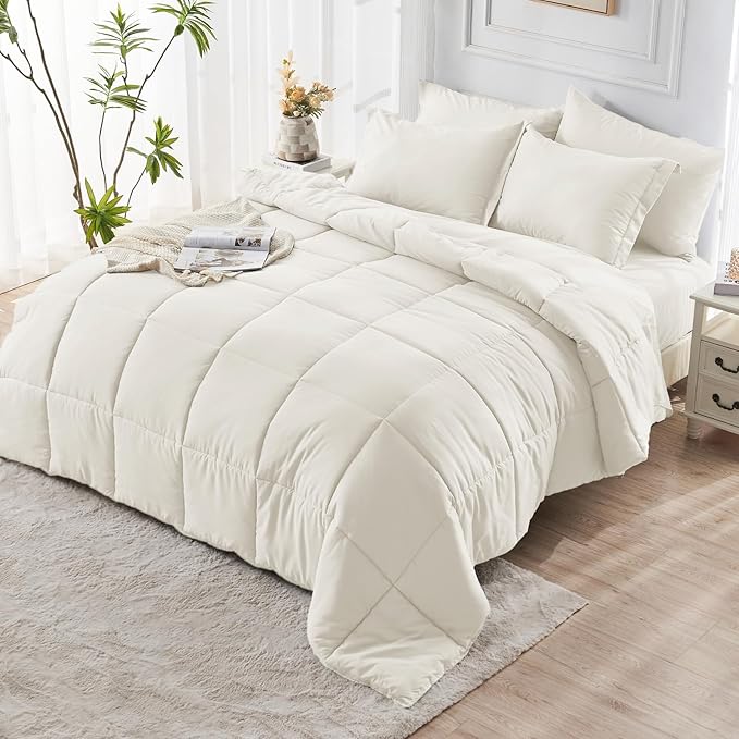JOLLYVOGUE Full Comforter Set, Ultra-Soft Bed in a Bag Full Size 7 Pieces, Oeko-TEX Certified Bedding Set with Down Alternative Comforter, Sheets, Pillowcases & Shams, Ivory