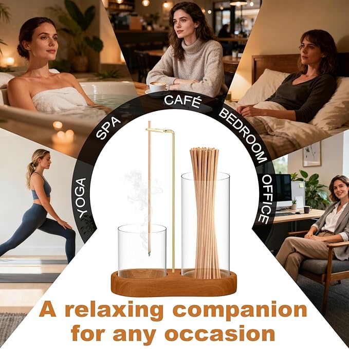 3-in-1 Incense Holder for Sticks, Incense Burner Holder with Glass Ash Catcher & Stick Storage, Bedroom House Yoga Meditation Zen Decor, Spa Gifts for Women, Unique Cozy Home Decor, Natural Wood