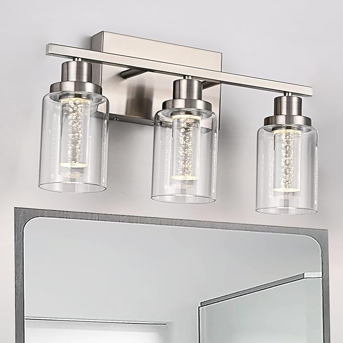 MELUCEE 3 Light LED Bathroom Light Fixtures 3000K-6000K Dimmable Vanity Lights Bathroom Lights Over Mirror Brushed Nickel Wall Light Fixture with Crystal Bubble Clear Glass Shade, Built-in LED Chips