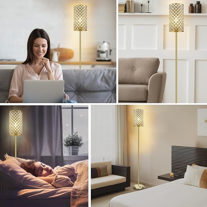 GyroVu Gold Floor Lamp,Elegant Crystal Floor Lamp Modern Standing Lamp with On/Off Foot Switch,Tall Pole Accent Lighting for Living Room, Girl Bedroom, Dresser, Office