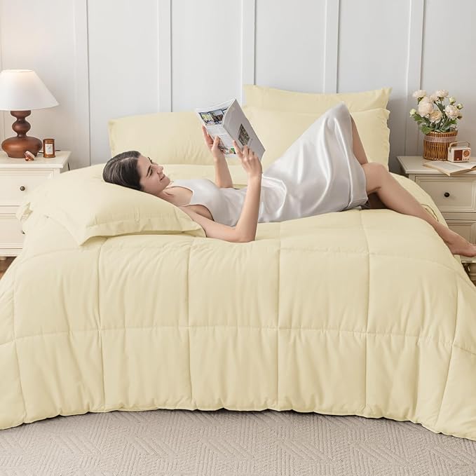 JOLLYVOGUE King Comforter Set, Ultra-Soft Bed in a Bag King Size 7 Pieces, Oeko-TEX Certified Bedding Set with Down Alternative Comforter, Sheets, Pillowcases & Shams, Light Yellow