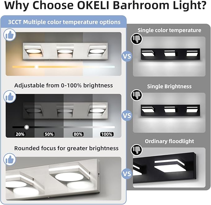 OKELI LED Modern Bathroom Vanity Light Fixtures (3-Light, 22-Inch), Brushed Nickel Acrylic Bathroom Wall Lighting Fixtures Over Mirror, 3CCT, ETL Listed, Dimmable