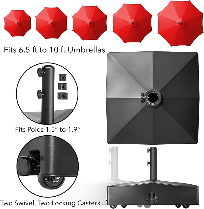 Casafield Patio Umbrella Base, 131lb Capacity, Fillable Heavy Duty Rolling Stand for Outdoor, Patio, Lawn, Deck, Poolside - Black
