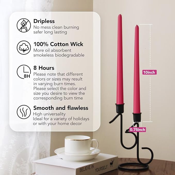 New Burning Formula Unscented Dripless 10-Inch Taper Candles Set of 12 - Hot Pink, for Wedding, Dinner - Smokeless, Long Burning - Hand Poured, Colored Tall Candlesticks - Rosa Intenso
