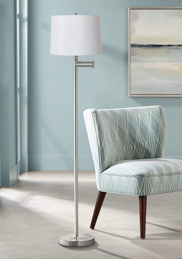 360 Lighting Modern Swing Arm Floor Lamp Standing 60 1/2" Tall Brushed Nickel Silver White Hardback Tapered Drum Shade Decor for Living Room Reading House Bedroom Office