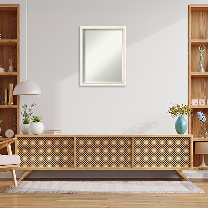 Amanti Art White Wall Mirror 26x20 Morgan White Gold Rectangle Bathroom Mirror for Wall Decor Living Room, Medium Modern Wood Frame, Hangs Horizonally and Vertically, Bathroom Decor, Beveled Edge