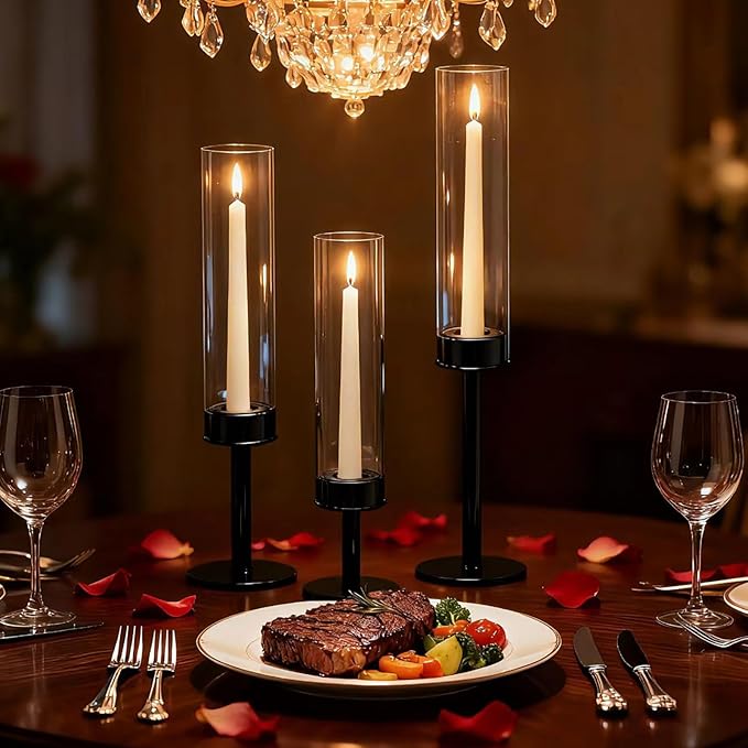 6 Black Candle Holders Set – Modern Candlestick Holders for Dining Room Decor, Candle Stick Holder Set for Weddings, Centerpieces for Tables, Gift for Home Decor, Coffee Table Candle Holder Decor