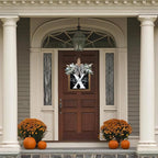 Ultra Large 14'' Last Name All Year Round Front Door Wreath with 26 Initial Letter Welcome Sign All Seasons Eucalyptus Garland and Bow Wreaths for Front Door Porch Farmhouse Decoration (X)