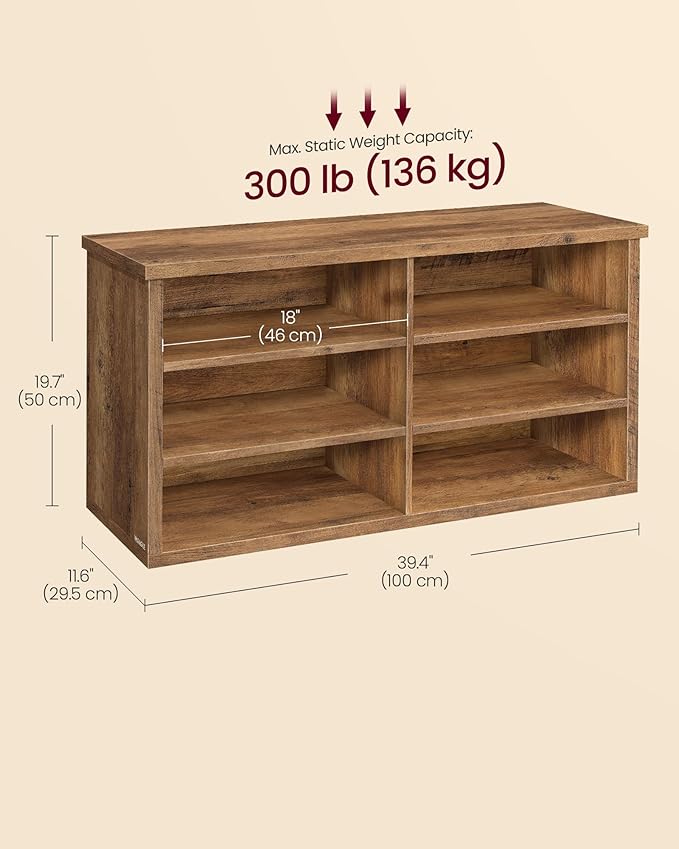 VASAGLE Shoe Bench, Storage Bench, 6 Compartments, Adjustable Shelves, for Living Room, Entryway, Dorm, 11.6 x 39.4 x 19.7 Inches, Honey Brown ULSB036K01