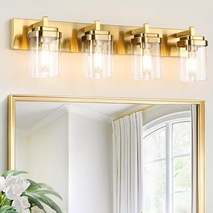 Vanity Light Fixture,4-Light Vanity Light for Bathroom,Brushed Gold Bathroom Vanity Lighting Over Mirror with Square Clear Glass Shade for Restroom