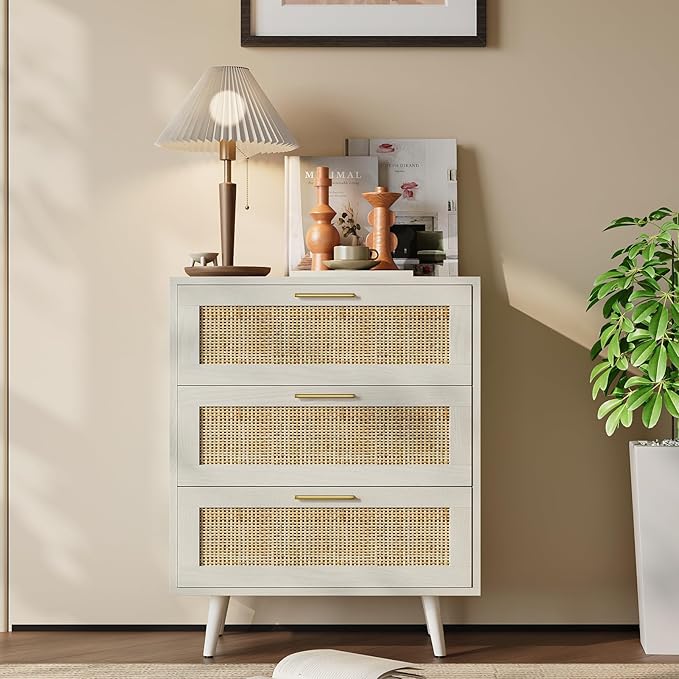 Rattan Night Stand Boho End Table with 3 Storage Drawer Wooden Bedside Tables Bed Side Table Accent Tables for Bedroom Small Space (White Cream Oak)