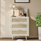 Rattan Night Stand Boho End Table with 3 Storage Drawer Wooden Bedside Tables Bed Side Table Accent Tables for Bedroom Small Space (White Cream Oak)