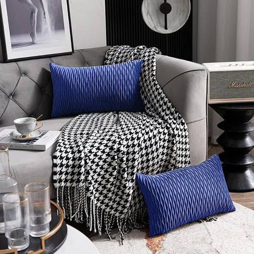 12x20 Blue Throw Pillow Covers: 2 Pack Original Striped Velvet Rectangular Decorative Pillow Cases for Farmhouse Couch