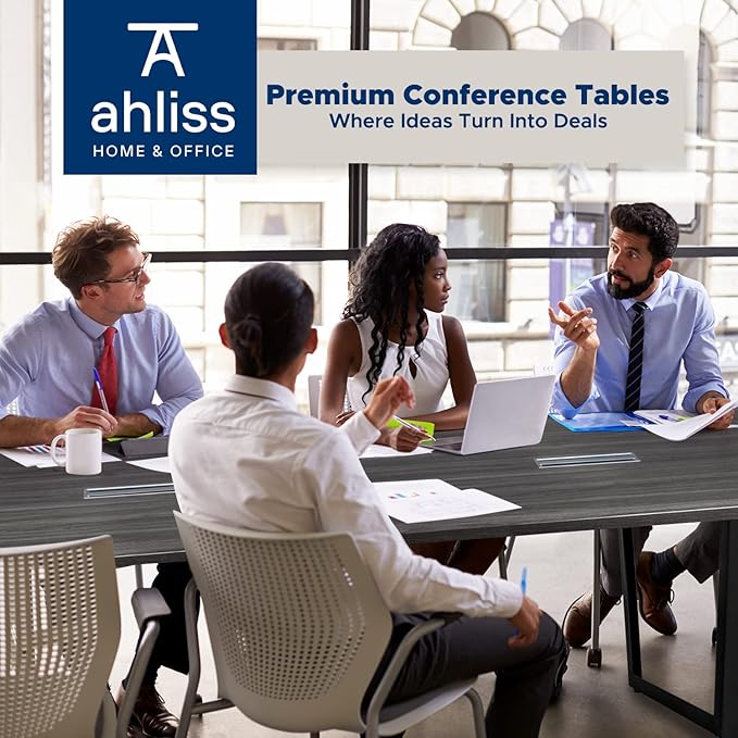 Sturdy Conference Table with Cable Management Grommets Modern Rectangle Office Meeting Table with Wood Tabletop and Metal Frame & Legs- Easy Assembly Boardroom Table (Grey, 8 Foot)