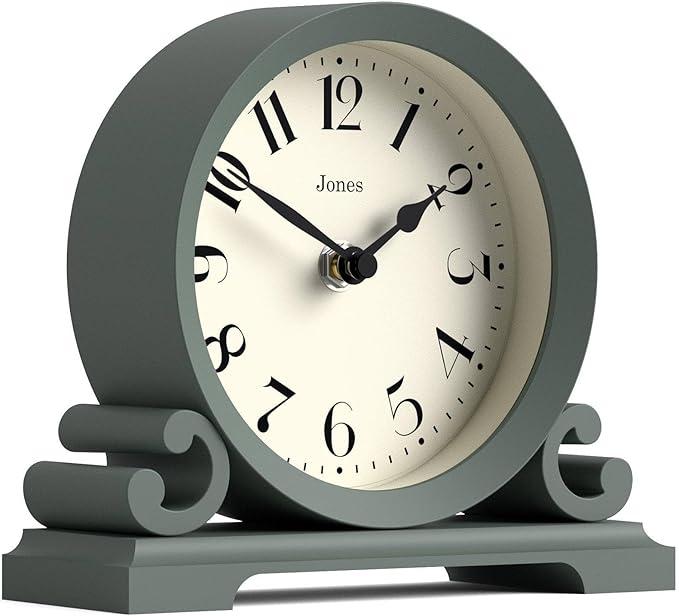JONES CLOCKS® Saloon Mantel Clock | Traditional Double Scroll Design | Green | Contemporary Classic Style for Desk, Table, Shelf or Bedside