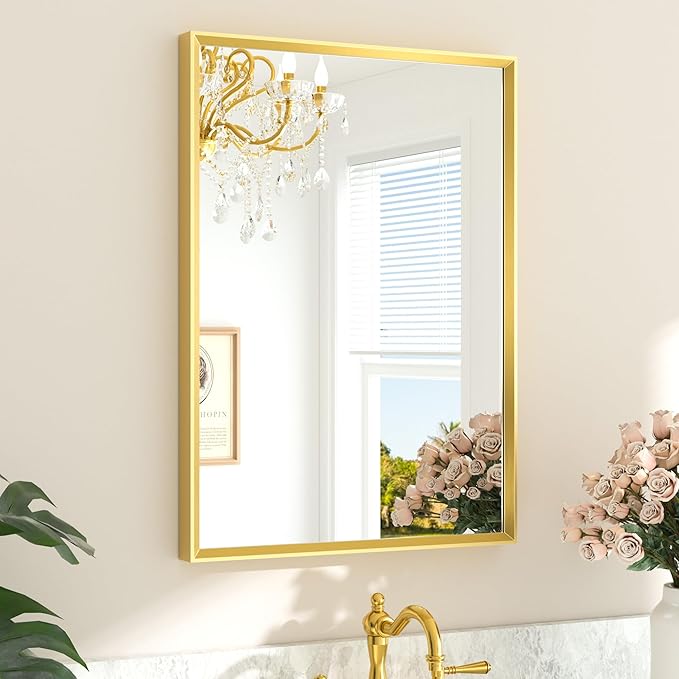 TETOTE Brushed Gold Bathroom Mirror 22" x 30" Brushed Gold Brass Rectangle Beveled Framed Bathroom Vanity Mirror for Over Sink, Tempered Glass, Modern Farmhouse Bedroom, Entryway, Living Room