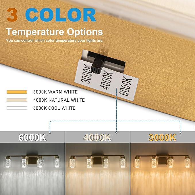 SineRise 4-Light Gold Vanity Light with 3 Color Modes (3000K/4000K/6000K), Eye Protection LED Bathroom Light Fixture, Dimmable Modern Wall Light Over Mirror with Clear Glass Shade