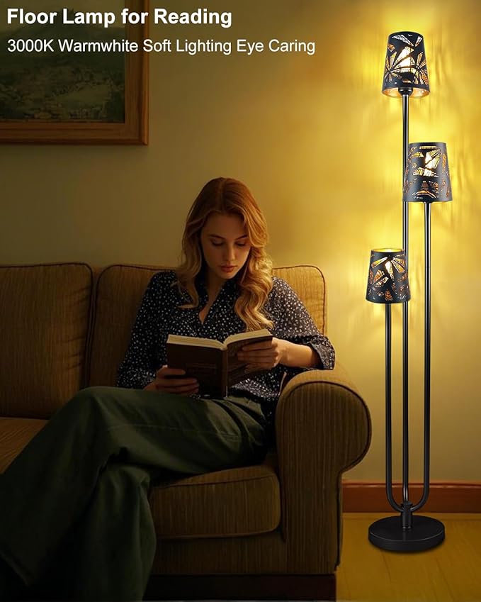 3-Light Black Floor Lamp for Living Room, Unique Candle Holder Style Tall Standing Lamps for Bedroom, 3000K Warmwhite Mid Century Modern Floor Lamp for Home Office(Bulbs Included)