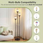 Crystal Floor Lamp for Living Room with Shelves, Industrial Modern Standing Black Lamp with Table for Bedroom, Glass Vintage Unique Tall 3-Lights Fancy Lamp with ON/Off Foot Switch
