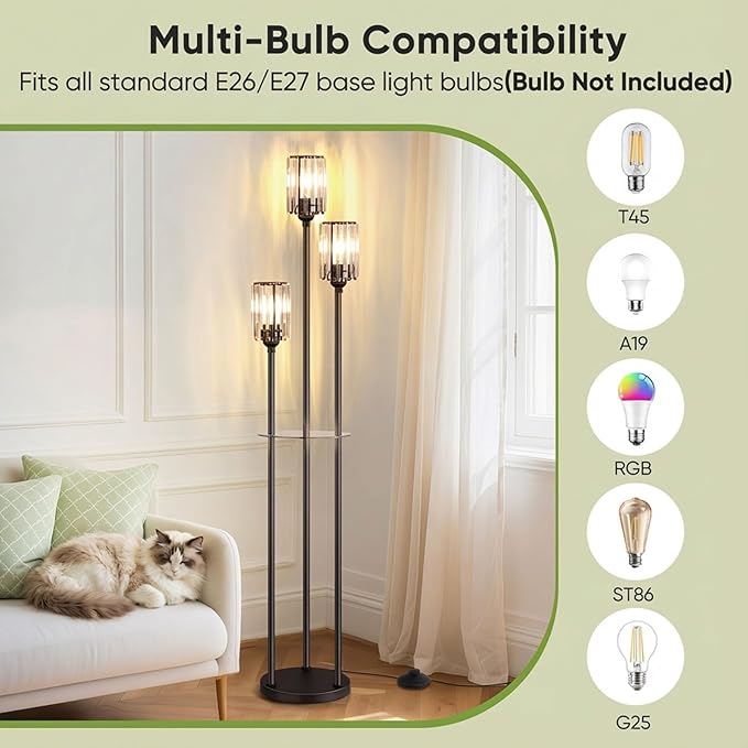Crystal Floor Lamp for Living Room with Shelves, Industrial Modern Standing Black Lamp with Table for Bedroom, Glass Vintage Unique Tall 3-Lights Fancy Lamp with ON/Off Foot Switch
