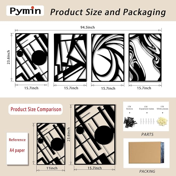 Pymin 4 Pack Modern Metal Abstract Wall Art, Minimalist Matte Black Single Line Art Décor, 3D Sculptures Textured Hanging Wall Home Decor and Shadow Effect Wall Decor for Living Room, 22.5"x15.7"