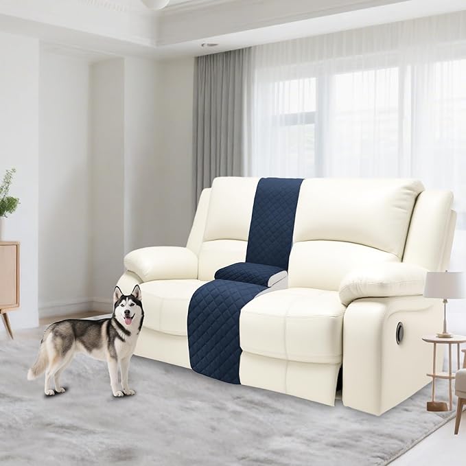Reclining Sectional Couch Covers Velvet L Shape Recliner Sofa Middle Console Cover for Dogs Pets Washable Anti Slip 1 Additional Recliner Center Console Slipcovers (1 Console, Navy Blue)