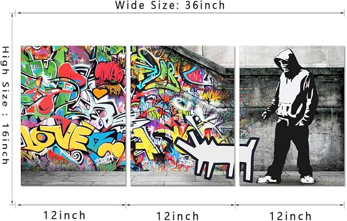 Novatique Banksy Wall Art Colorful Graffiti Canvas Wall Art Street Canvas Print Painting Street Cool Art Picture Decor Modern Graffiti Decor for Men Bedroom Living Room, 12" x 16" x 3Pcs