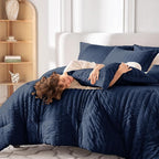 MUXHOMO 5 Pieces Twin Comforter Set, Seersucker Bed in a Bag Twin Size, All Season Luxury Bedding Set with Comforter, Flat Sheet, Fitted Sheet, Pillowcase & Sham, Navy Blue