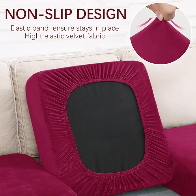 hyha Velvet Couch Cushion Covers, Soft Sofa Seat Covers for sectional 2 Cushion Couch Washable, Magic Sofa Slipcover with Elastic Bottom, Non-Slip Furniture Protector for Pets, Kid(Medium, Wine Red)