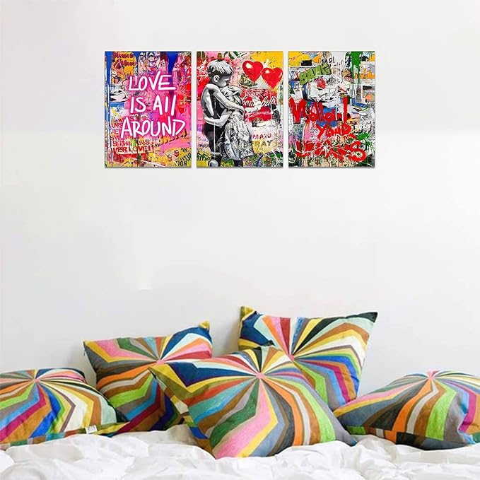 Novatique Banksy Canvas Wall Art Street Wall Art Colorful Graffiti Picture Canvas Print Abstract Modern Graffiti Poster Art for Bedroom Living Room Ready to Hang, 12”x 16”x 3Pcs