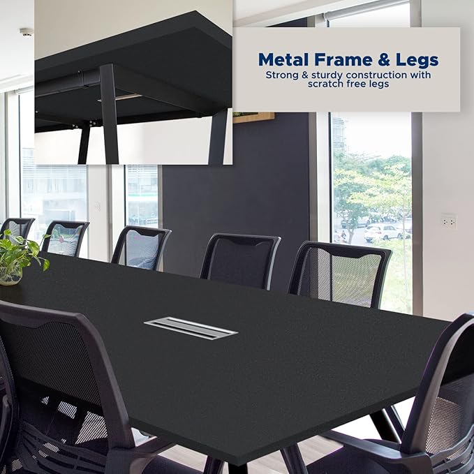 Sturdy Conference Table with Cable Management Grommets Modern Rectangle Office Meeting Table with Wood Tabletop and Metal Frame & Legs- Easy Assembly Boardroom Table (Black, 10 Foot)