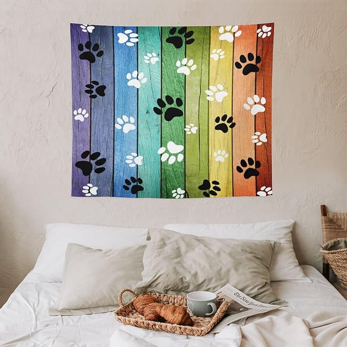 VUMIVI Dog Paw Tapestry Vintage Rustic Colorful Barn Boards Black White Animal Footprints Tapestry Wall Hanging for Living Room Bedroom Dorm Classroom Aesthetic Decor W60xL50in