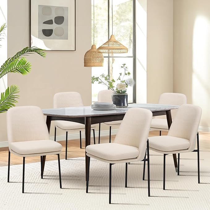 COLAMY Dining Chairs Set of 6, Modern Dining Chairs, Fabric Upholstered Dining Chairs, Kitchen Chairs with Curved Back and Metal Legs for Dining Room Kitchen Restaurant, Beige