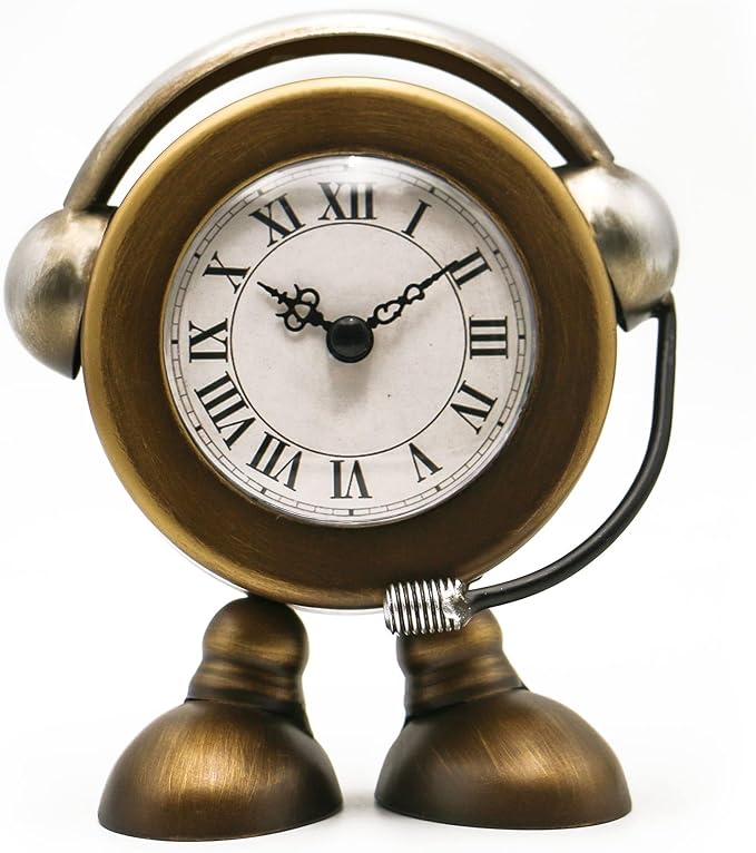 YOUKI Vintage Robot Table Clock on Stand, Decorative Desk and Shelf Clock, Rustic Mantel Farmhouse Silent Non-Ticking,Battery Operated Table Top for Living Room,Musical Gift,Metal