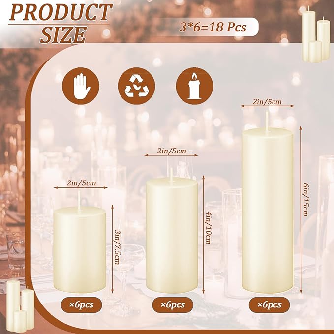 18 Pcs Ivory Pillar Candles Bulk Set，Hurricane Candles，3 Different Lengths 2 x 3/4/6 Inch (6 Each)，Dripless Unscented Smokeless，Gives You a Better Atmosphere When Organizing an Event Party.