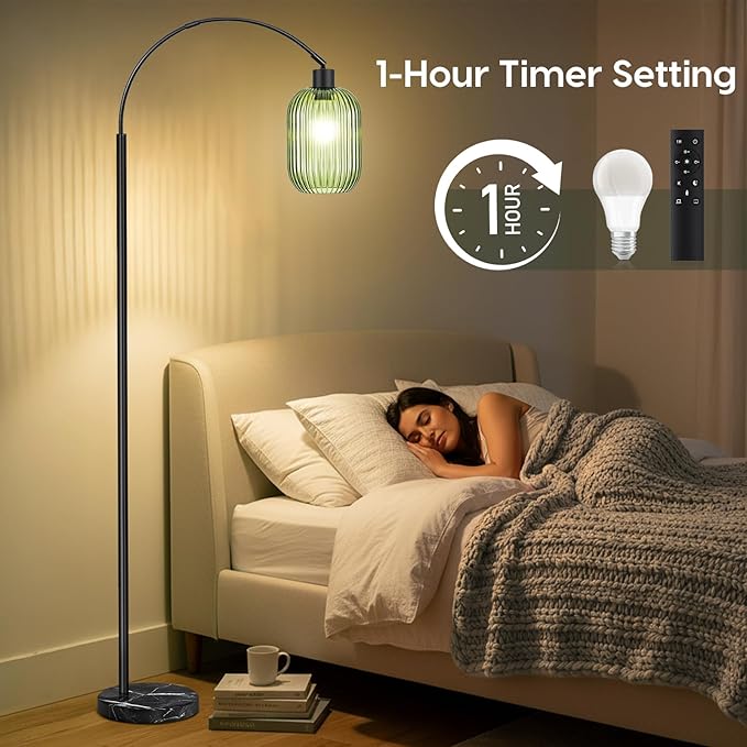 COTTHOS Glass Floor Lamp for Living Room, Modern Standing Lamp with Ribbed Glass Lampshade Marble Base, 68” Tall Lamp with Remote Control and Pedal Switch for Bedroom(6000K LED Bulb Included)