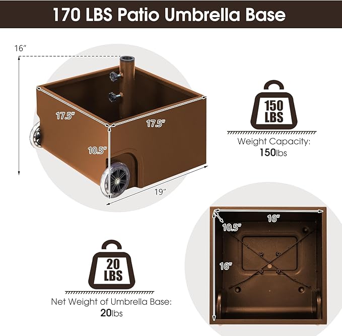 Giantex 170lbs Filled Umbrella Base with Wheels, Heavy Duty Umbrella Stand with Fillable Planter, Drainage Holes, Outdoor Market Umbrella Holder for Patio Garden Deck Pool (Brown)